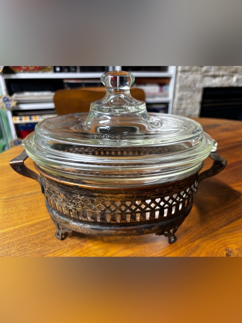 Glasbake antique UV reactive casserole dish with lid and silver plated holder